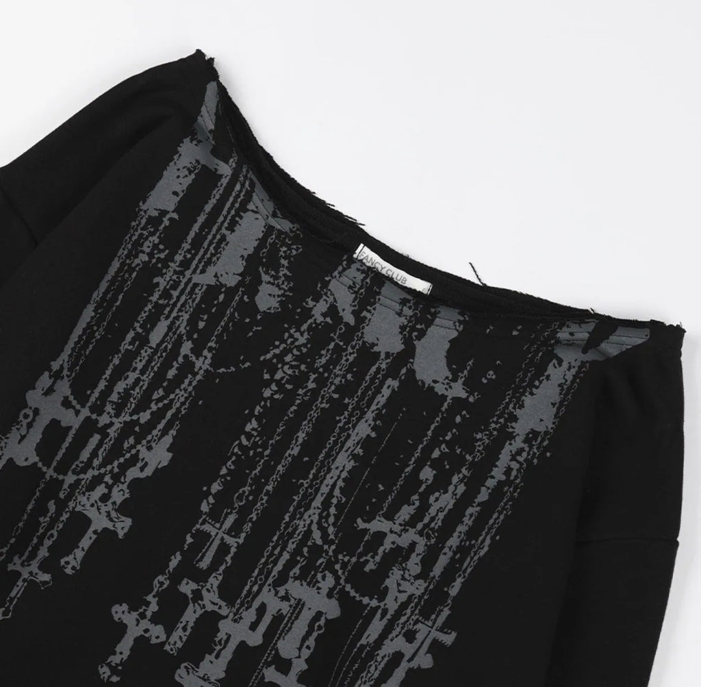 【Fancy Club】NECKLISS ONE-SHOULDER SWEATSHIRT [Gray / Black]