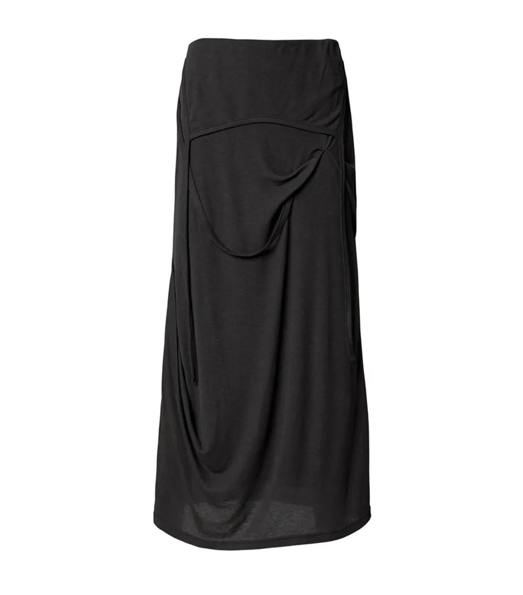 【Flare up】 Asymmetrical Draped Long Skirt [Black / Charcoal]