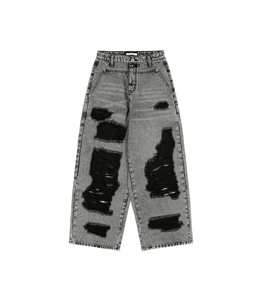 【Fancy Club】 WASHED DAMAGE DENIM PANTS [Black / Gray]