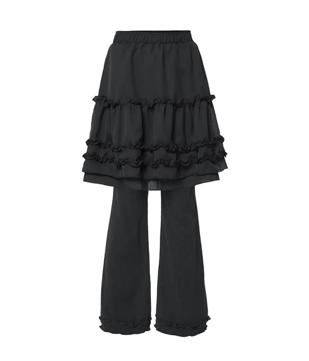 【Flare up】Layered Ruffle Skirt Pants [Black / Charcoal]