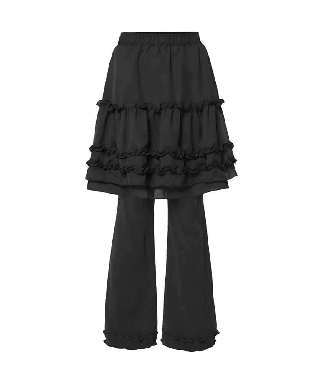 【Flare up】Layered Ruffle Skirt Pants [Black / Charcoal]