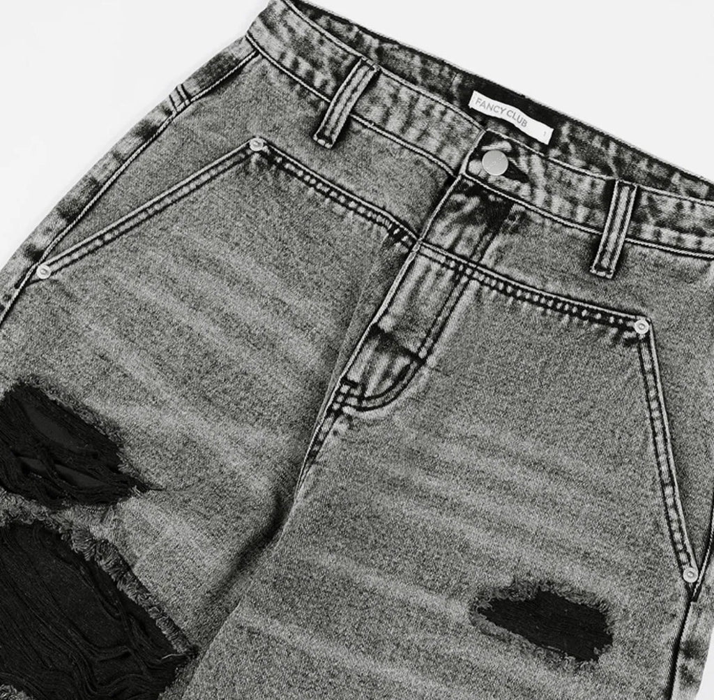 【Fancy Club】 WASHED DAMAGE DENIM PANTS [Black / Gray]