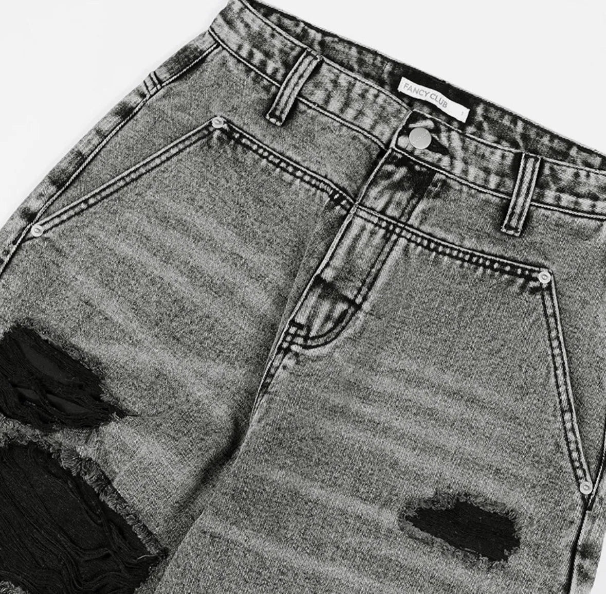 【Fancy Club】 WASHED DAMAGE DENIM PANTS [Black / Gray]