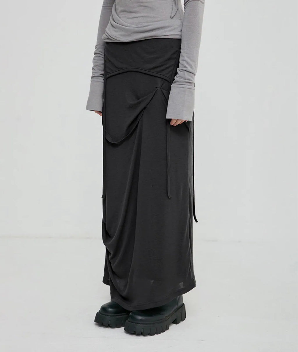 【Flare up】 Asymmetrical Draped Long Skirt [Black / Charcoal]