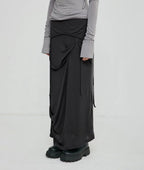 【Flare up】 Asymmetrical Draped Long Skirt [Black / Charcoal]
