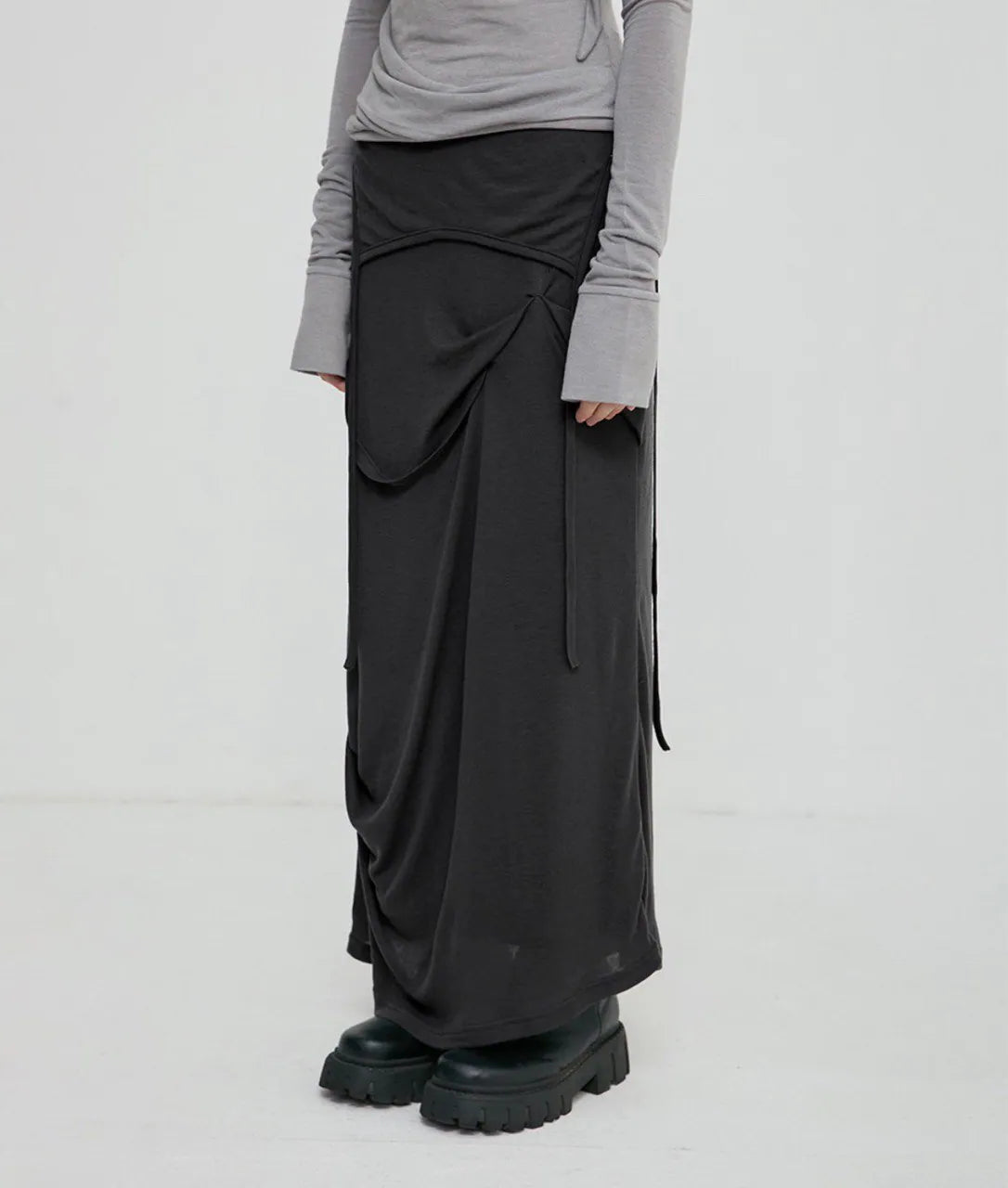 【Flare up】 Asymmetrical Draped Long Skirt [Black / Charcoal]