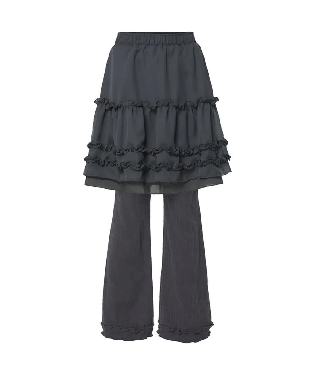 【Flare up】Layered Ruffle Skirt Pants [Black / Charcoal]