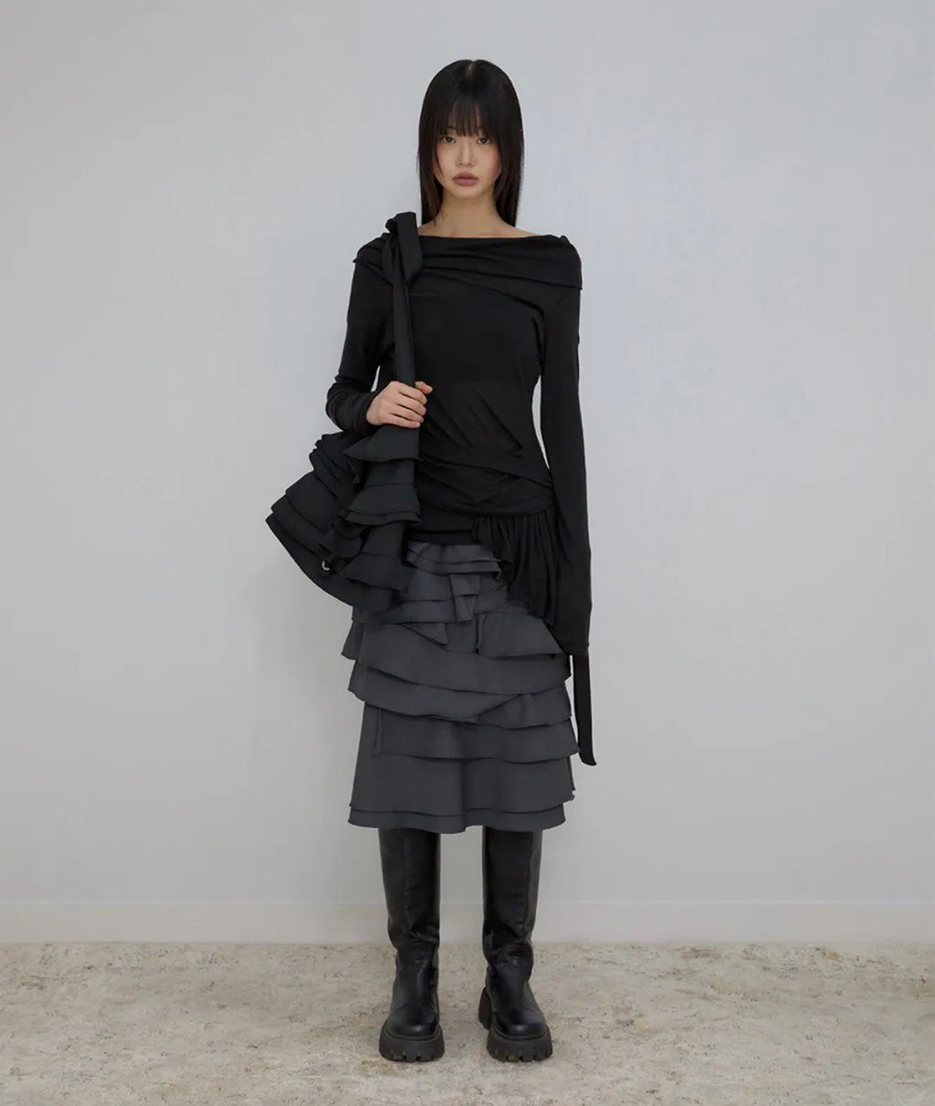 【Flare up】Faye Frill Bag [White / Black]