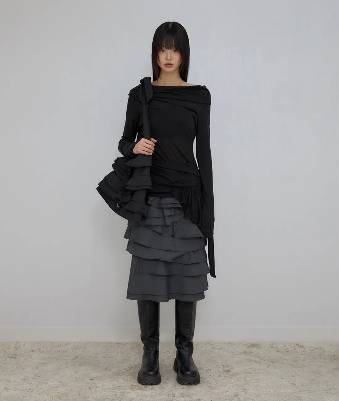 【Flare up】Faye Frill Bag [White / Black]
