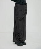【Flare up】 Asymmetrical Draped Long Skirt [Black / Charcoal]