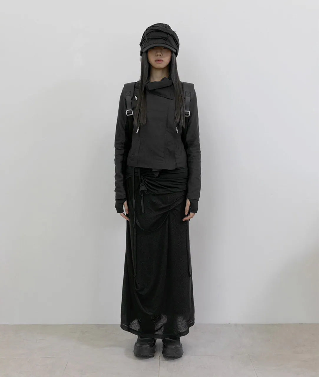 【Flare up】 Asymmetrical Draped Long Skirt [Black / Charcoal]