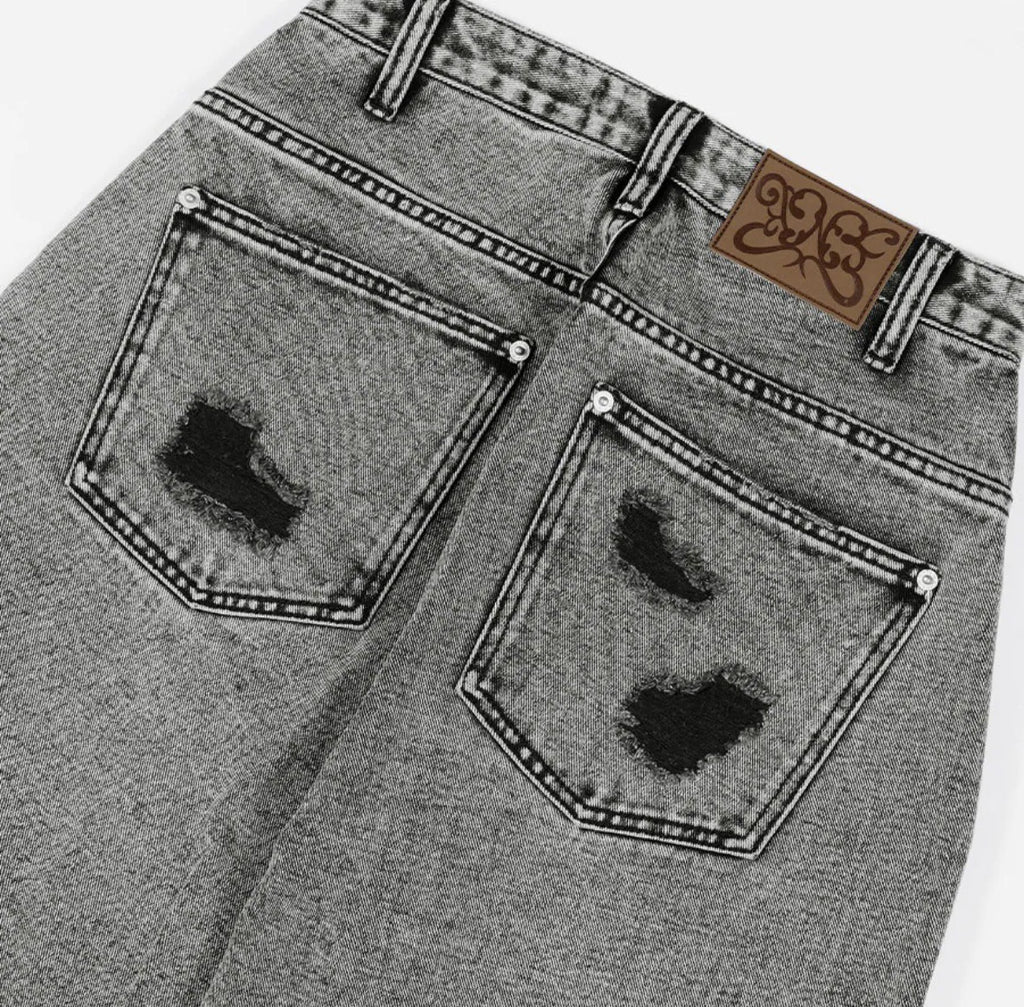 【Fancy Club】 WASHED DAMAGE DENIM PANTS [Black / Gray]