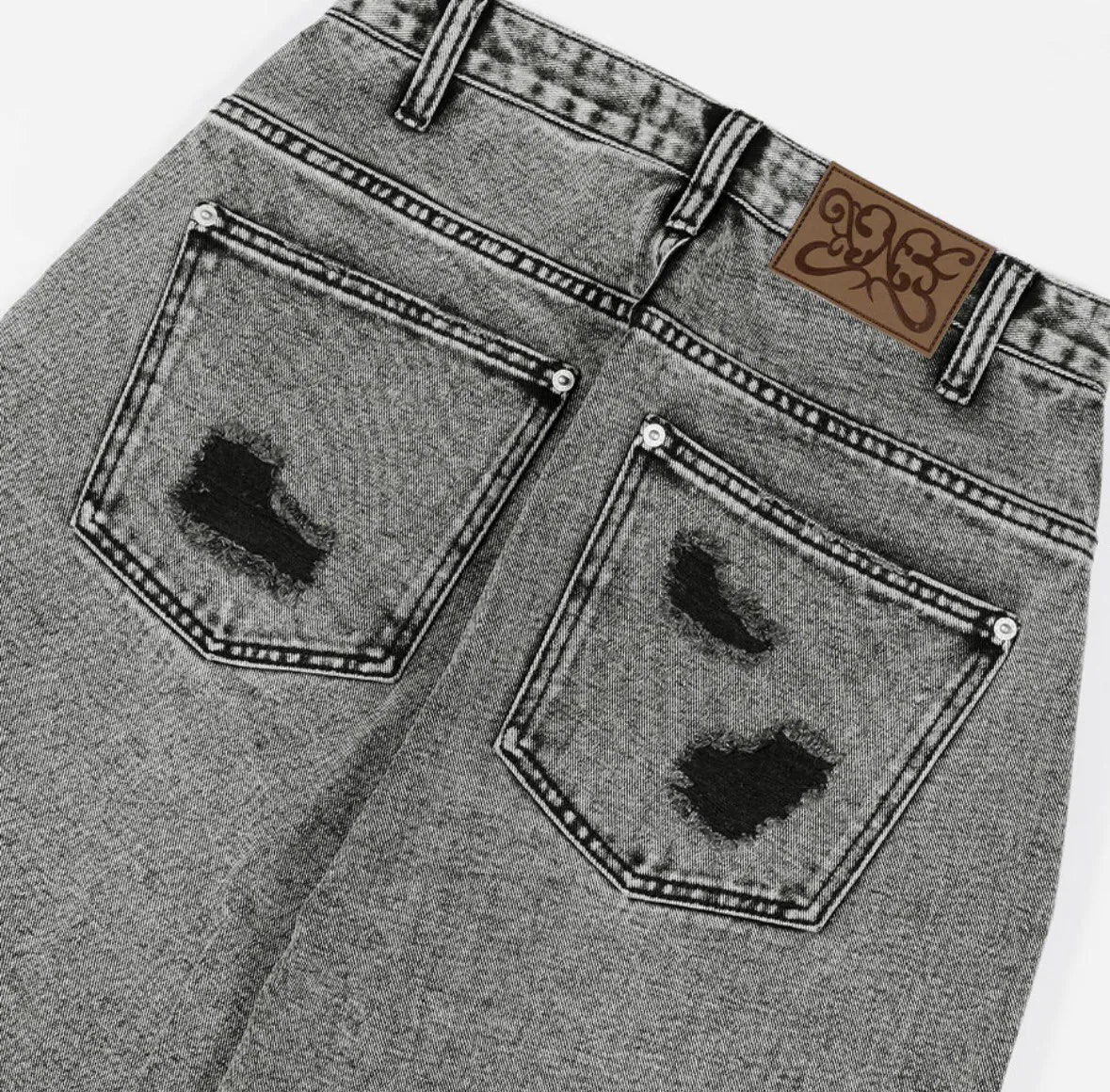 【Fancy Club】 WASHED DAMAGE DENIM PANTS [Black / Gray]