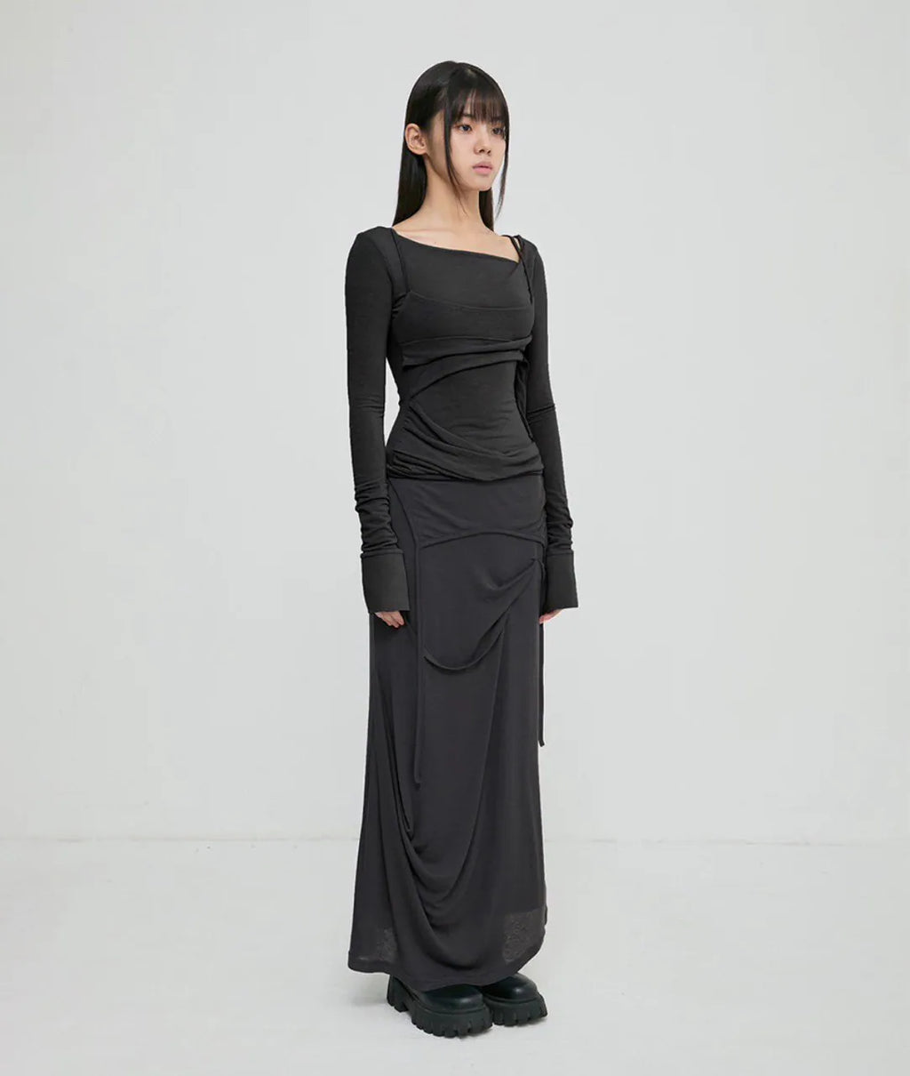 【Flare up】 Asymmetrical Draped Long Skirt [Black / Charcoal]