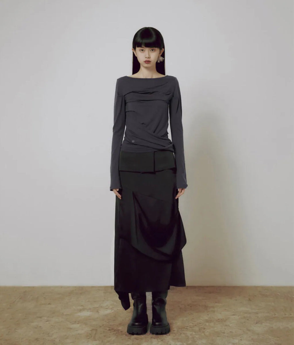 【Flare up】Drape Layered Maxi Skirt [Black]