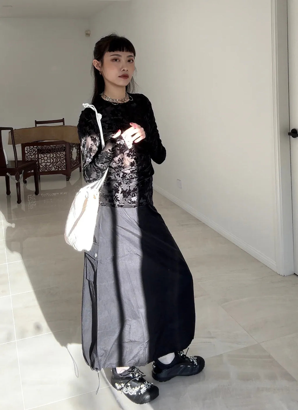 尼龍抽繩工作長裙