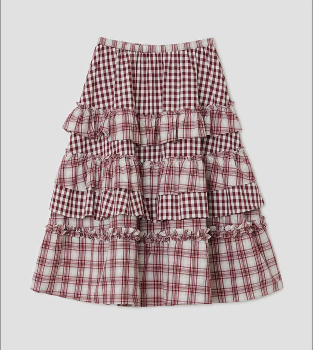 【typeservice】 Voluminous Check Tier Skirt [Black / Red]