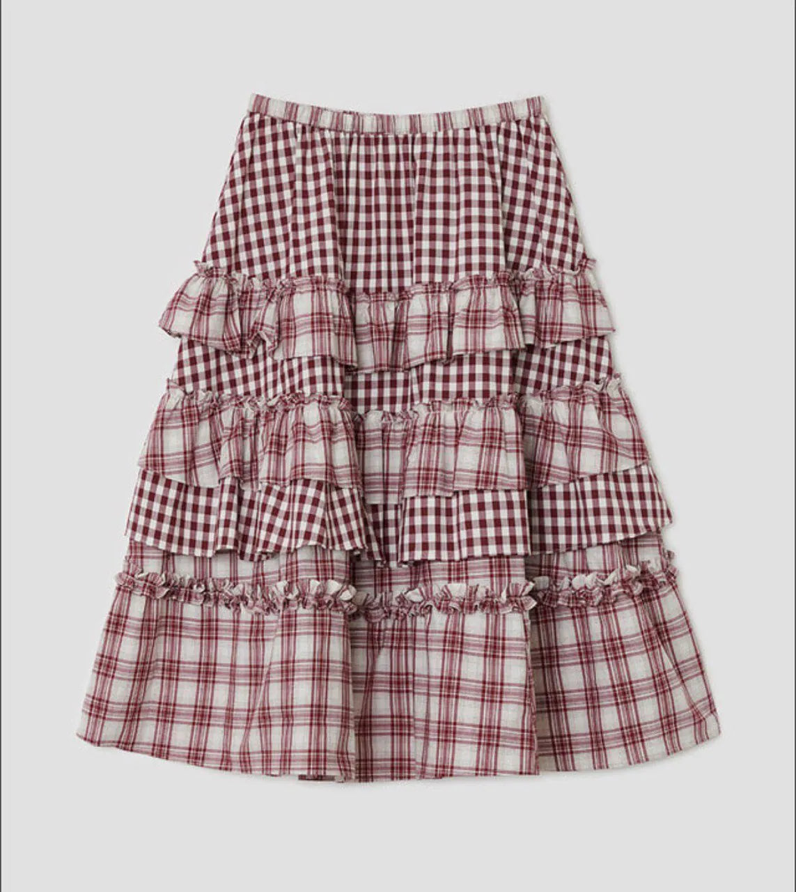 【typeservice】 Voluminous Check Tier Skirt [Black / Red]