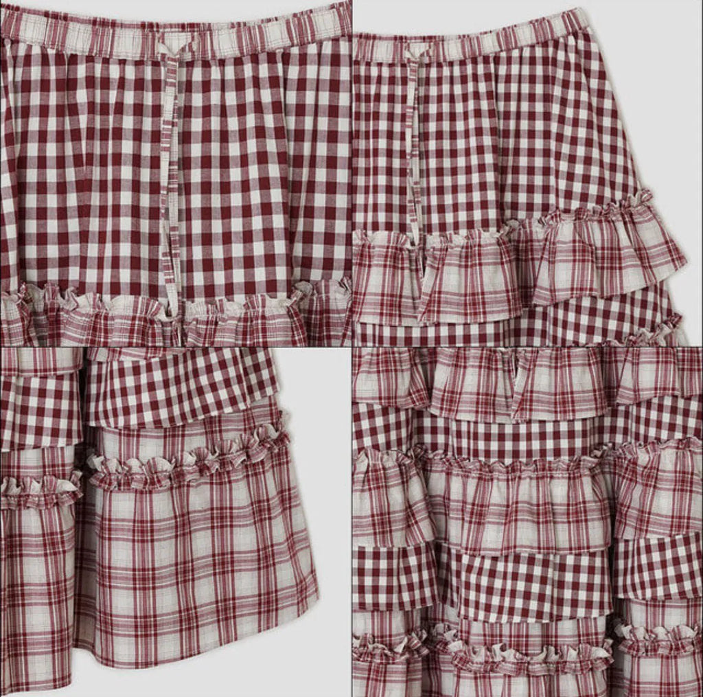 【typeservice】 Voluminous Check Tier Skirt [Black / Red]