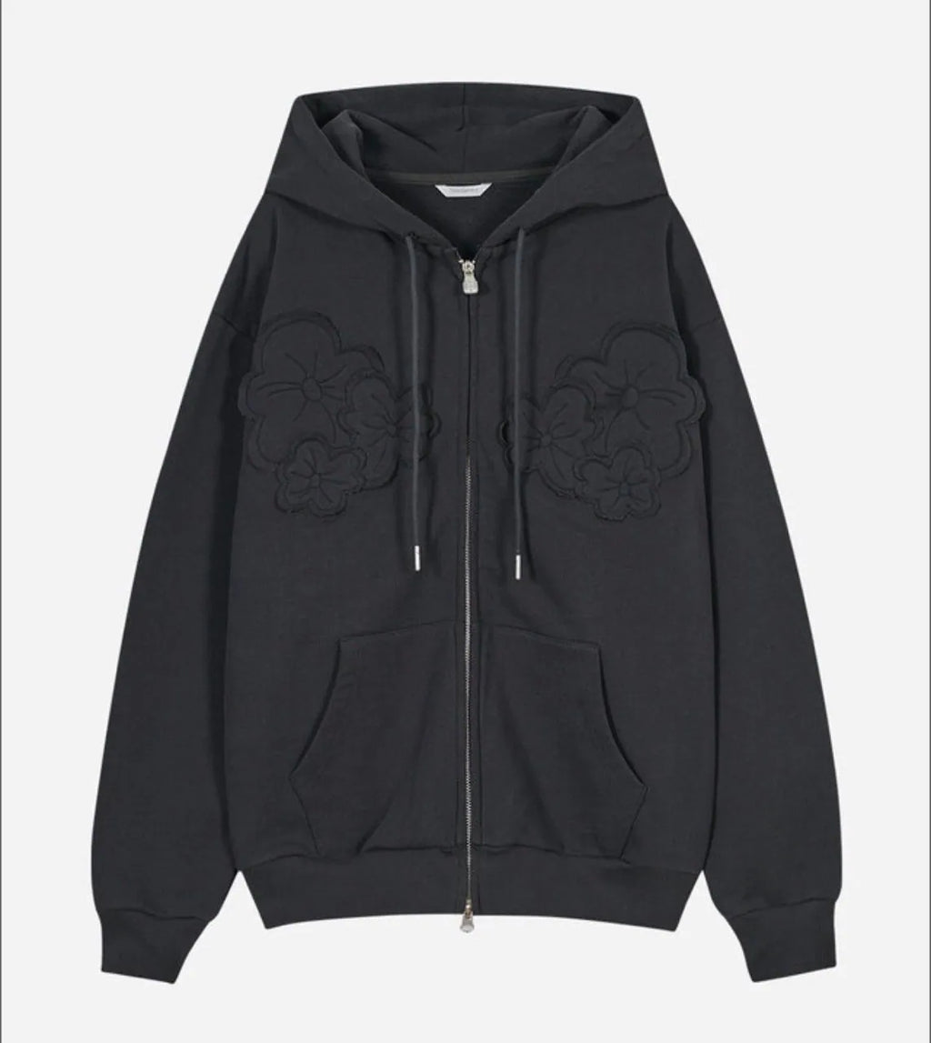 【typeservice】Flower Appliqué Zip Hoodie [Black / Charcoal]