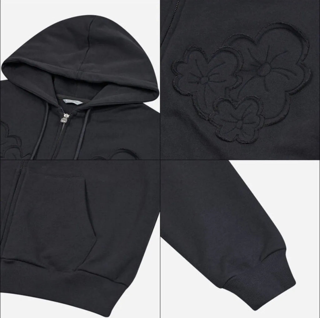 【typeservice】Flower Appliqué Zip Hoodie [Black / Charcoal]