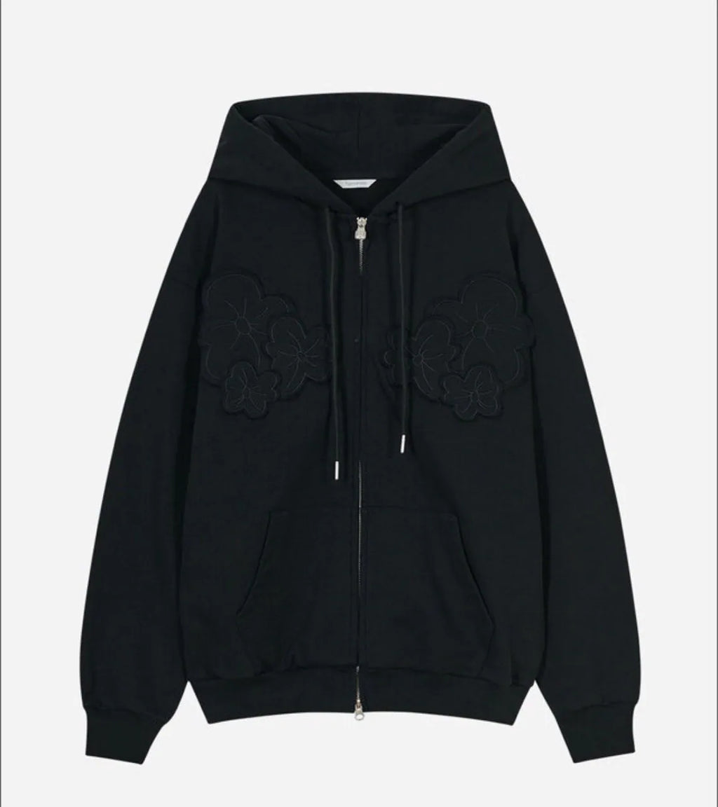 【typeservice】Flower Appliqué Zip Hoodie [Black / Charcoal]