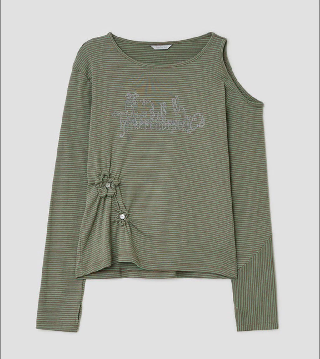 【typeservice】Flower Button Cut Out Top [Gray / Green]