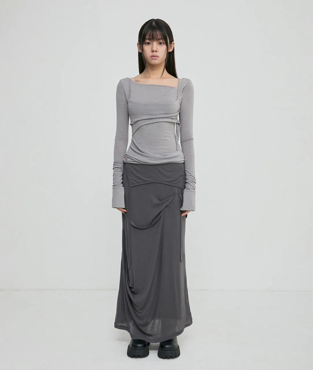 【Flare up】 Asymmetrical Draped Long Skirt [Black / Charcoal]