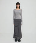 【Flare up】 Asymmetrical Draped Long Skirt [Black / Charcoal]
