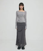 【Flare up】 Asymmetrical Draped Long Skirt [Black / Charcoal]