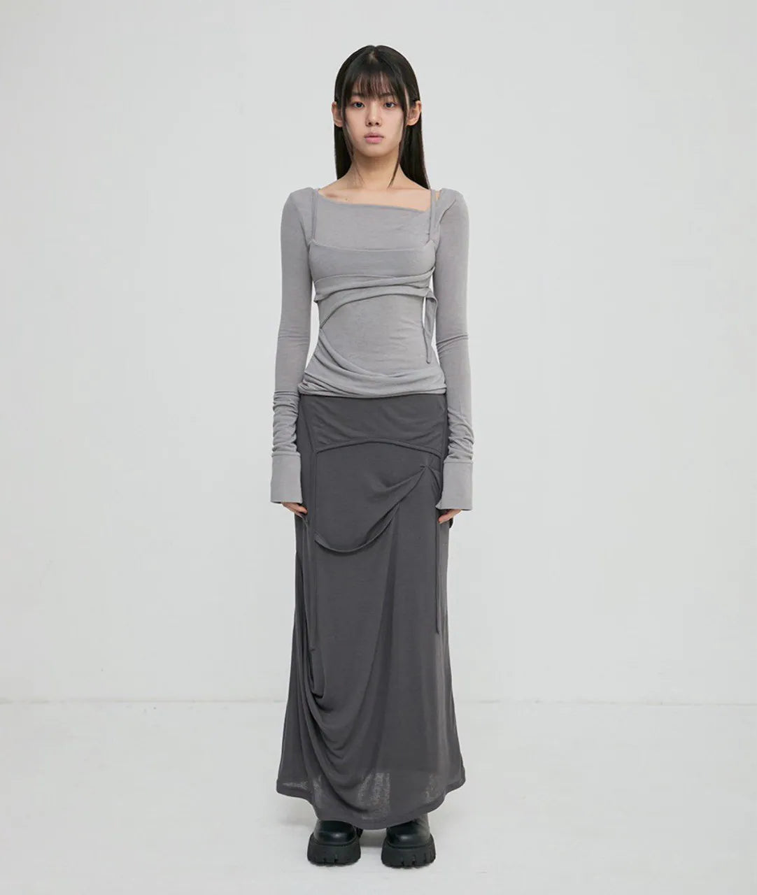 【Flare up】 Asymmetrical Draped Long Skirt [Black / Charcoal]