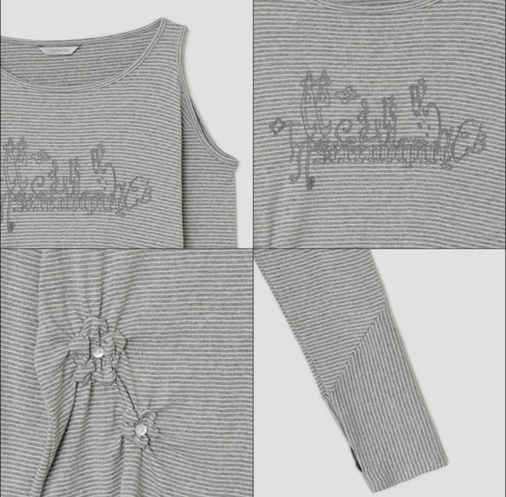 【typeservice】Flower Button Cut Out Top [Gray / Green]