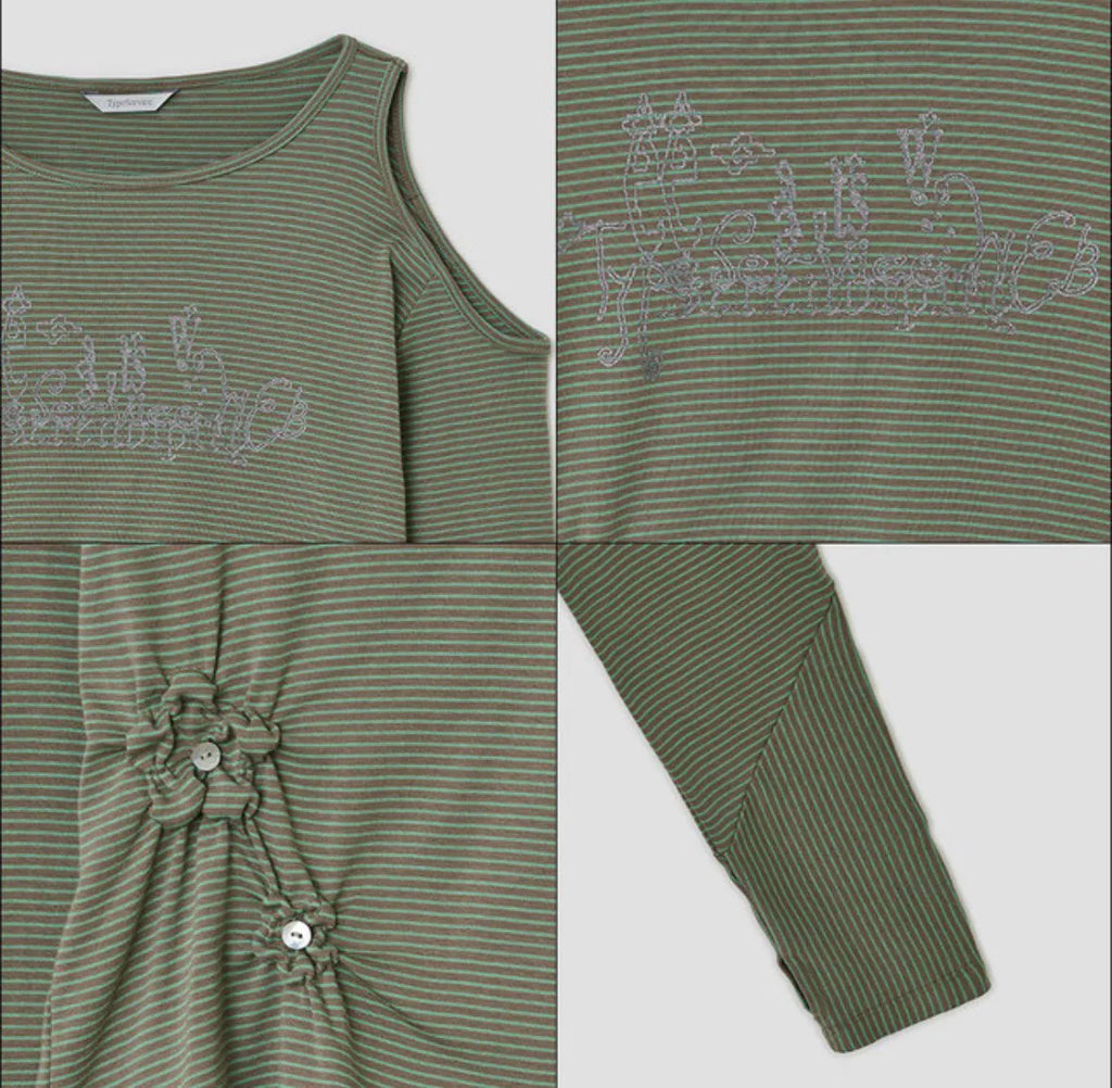 【typeservice】Flower Button Cut Out Top [Gray / Green]
