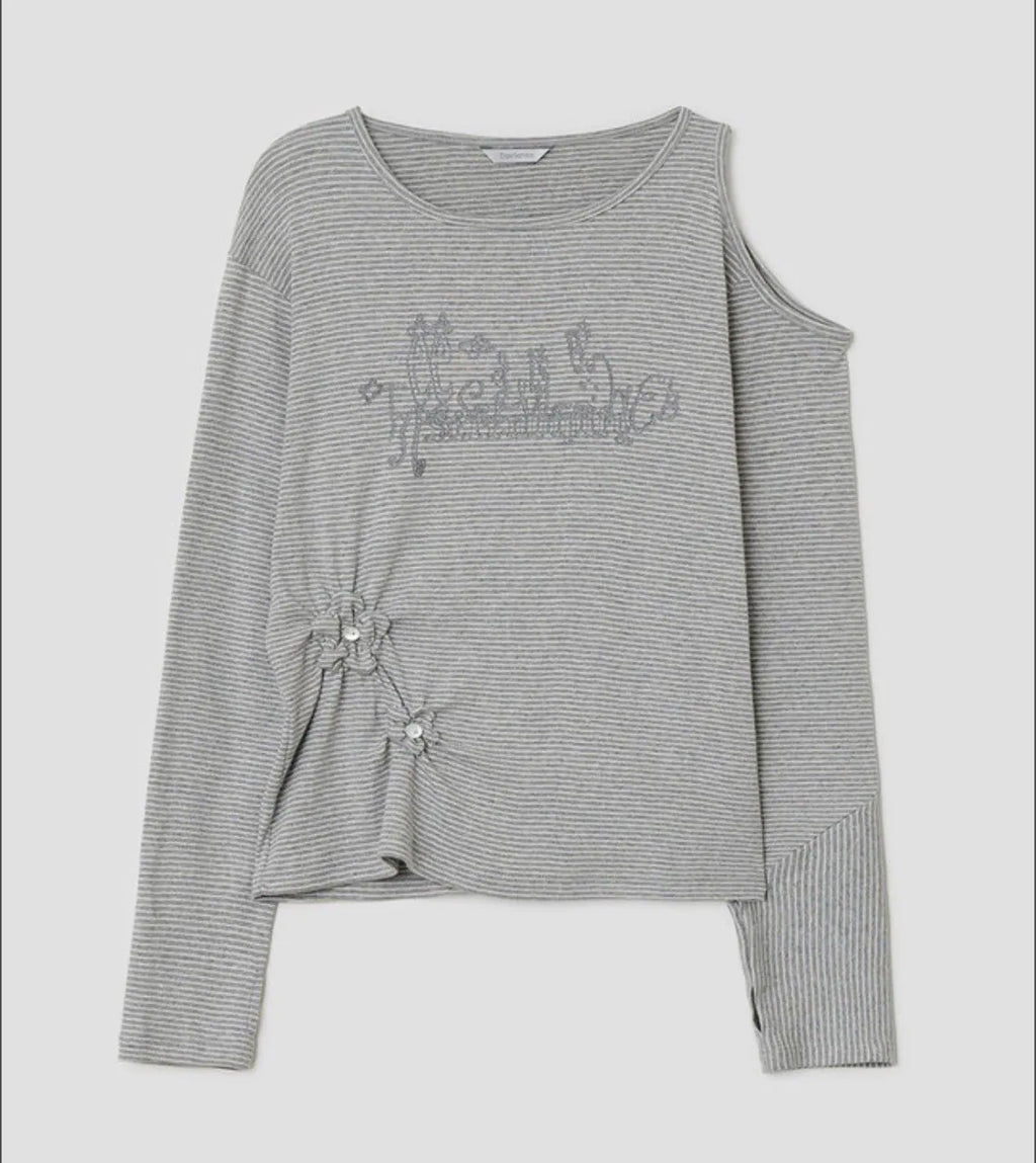 【typeservice】Flower Button Cut Out Top [Gray / Green]