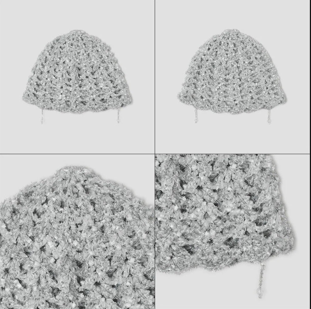【typeservice】Shimmery Beaded Strap Beanie [Silver]