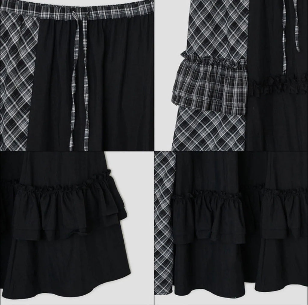 【typeservice】Check Panel Ruffle Skirt [Black]