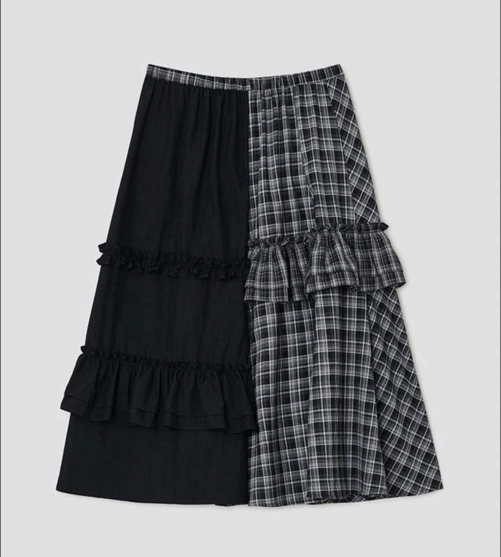 【typeservice】Check Panel Ruffle Skirt [Black]