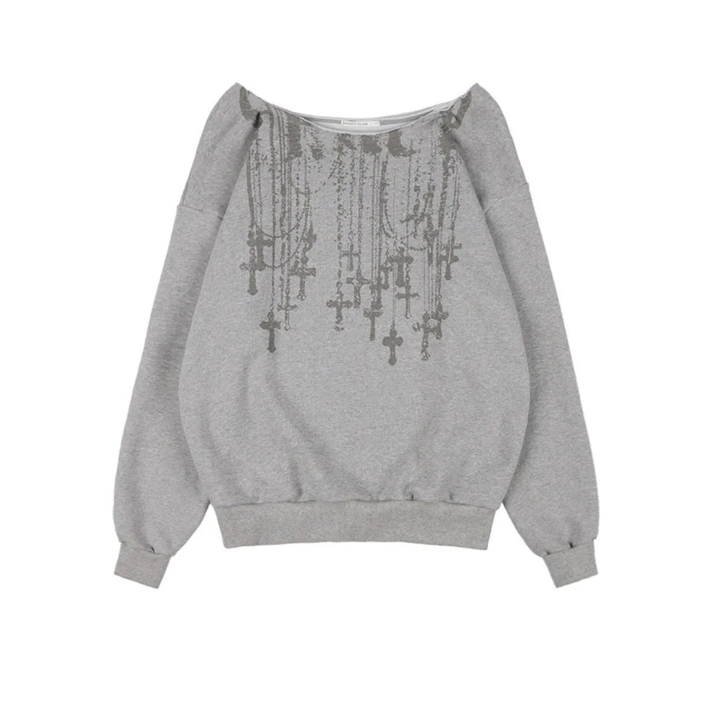 【Fancy Club】NECKLISS ONE-SHOULDER SWEATSHIRT [Gray / Black]