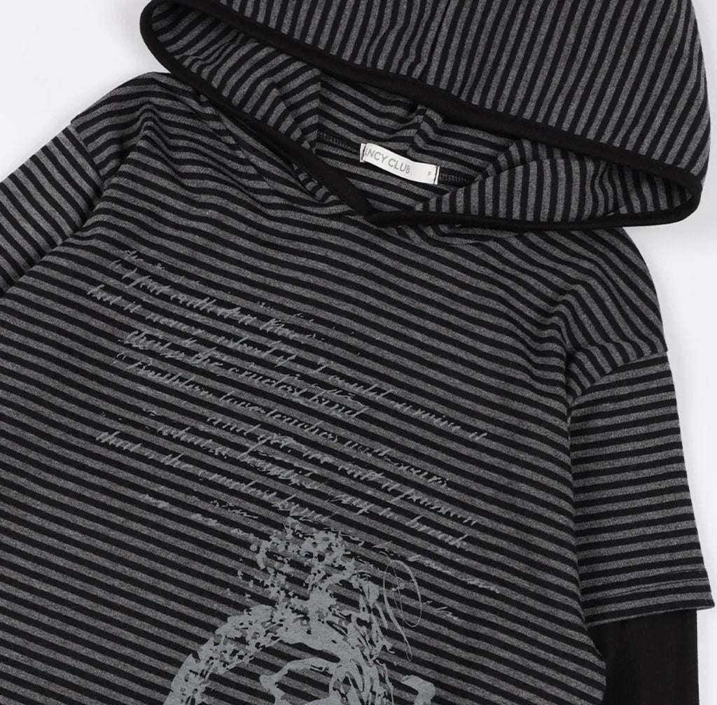 【Fancy Club】STRIPE LAYERED HOODIE [Beige / Black]