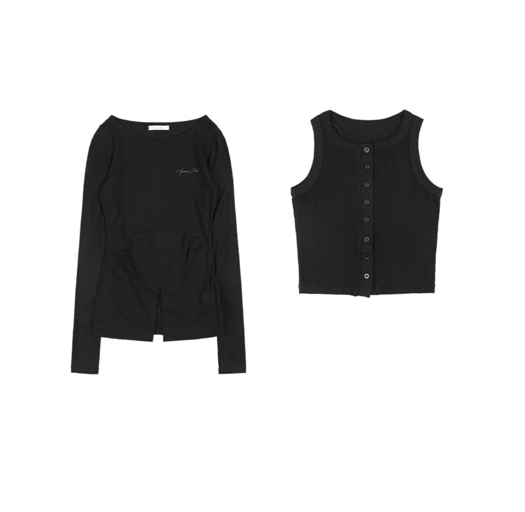 【Fancy Club】3-WAY BUTTON LAYERED LONG SLEEVE [Black / Beige]