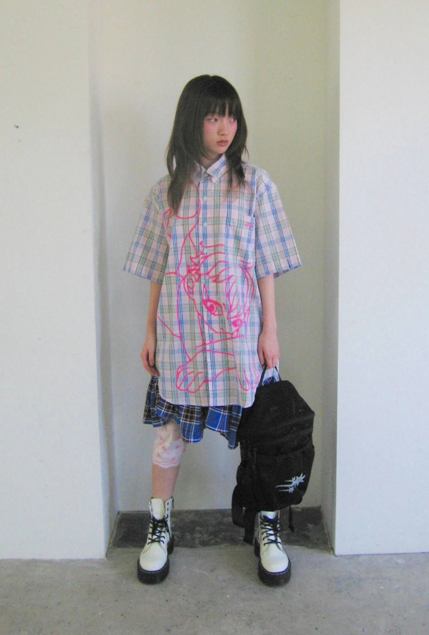 【niceghostclub】angel check big big half shirt [ blue / pink ]