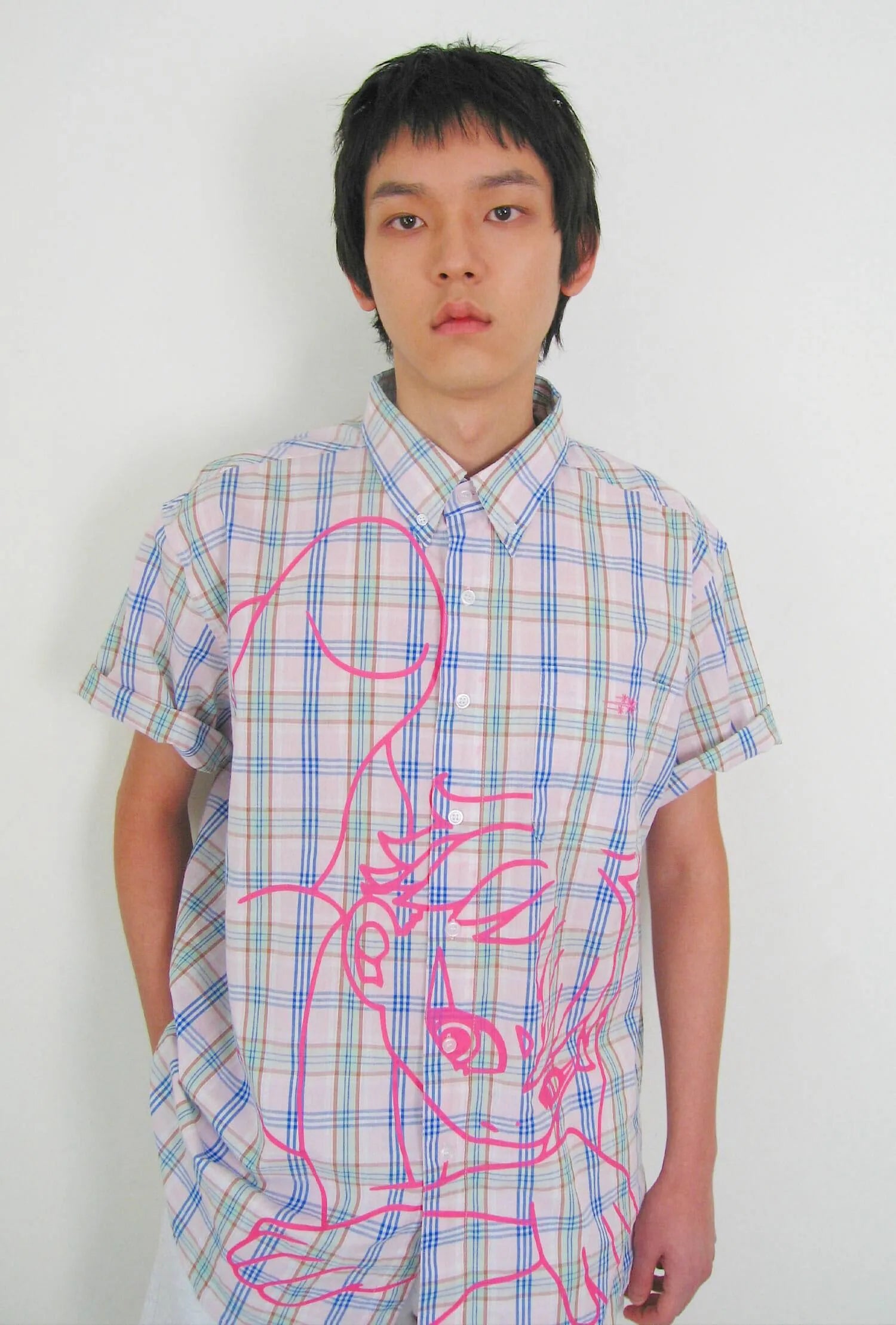 【niceghostclub】angel check big big half shirt [ blue / pink ]