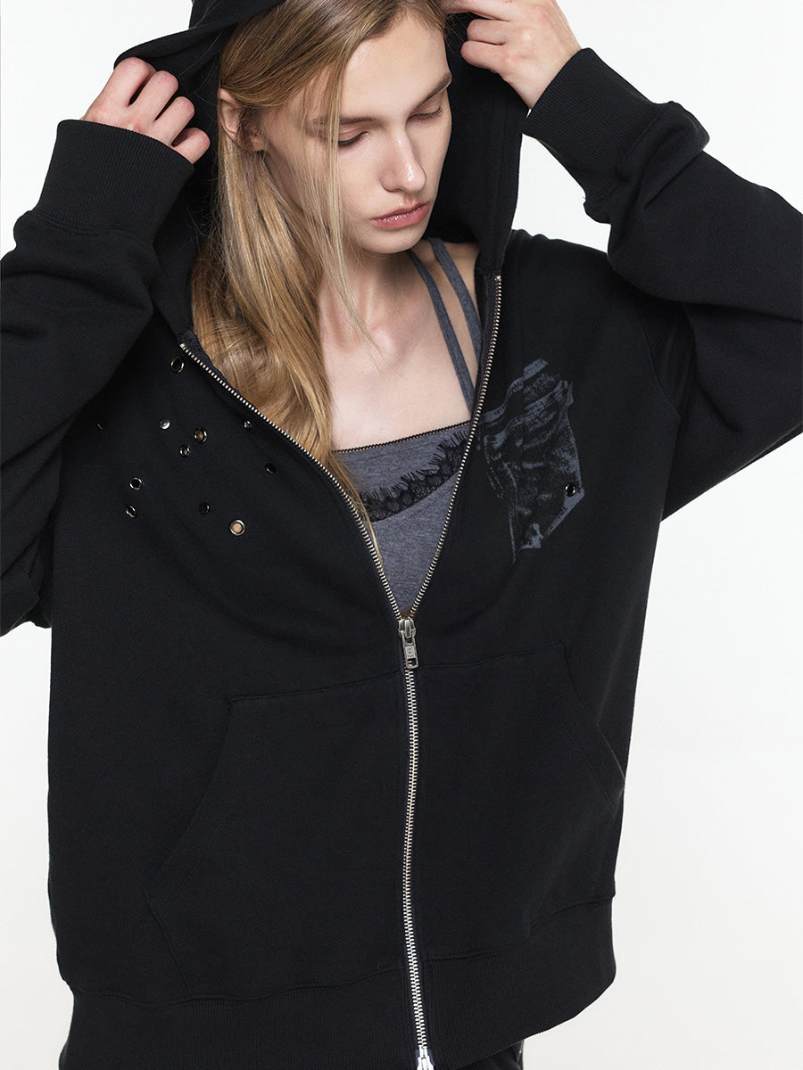 【3hreeto8ighty】EYELET POCKET HOODIE ZIP-UP - 2 colors