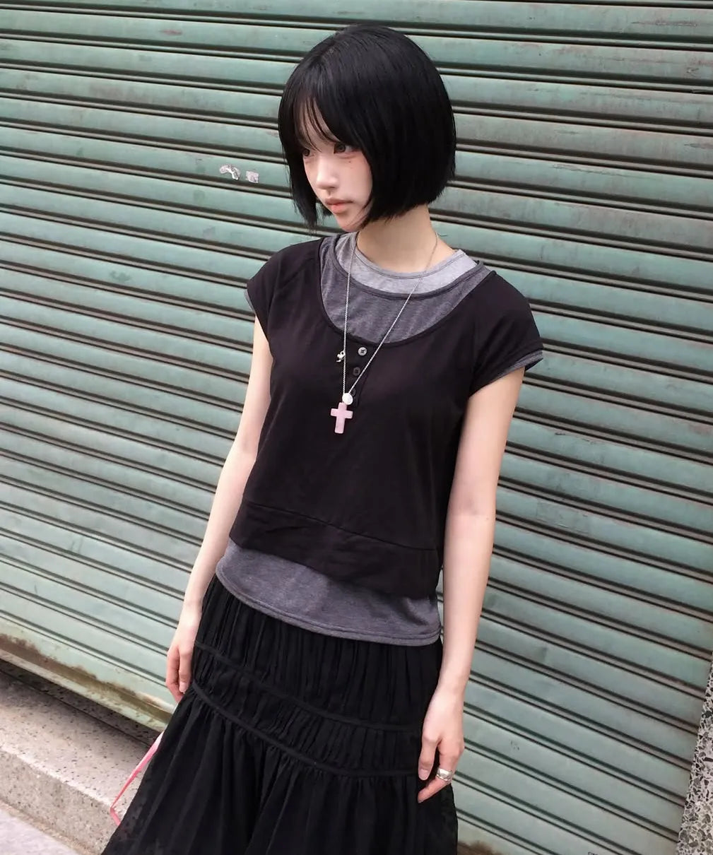 【Flare up】3-Layered Henley T-shirt [Black / Gray]