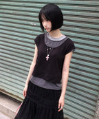 【Flare up】3-Layered Henley T-shirt [Black / Gray]