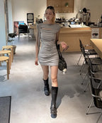 【Flare up】Asymmetrical Draped Strap Roll-Up Dress [Black / White / Gray]