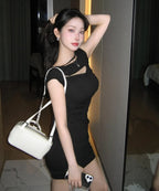 【Flare up】Asymmetrical Draped Strap Roll-Up Dress [Black / White / Gray]