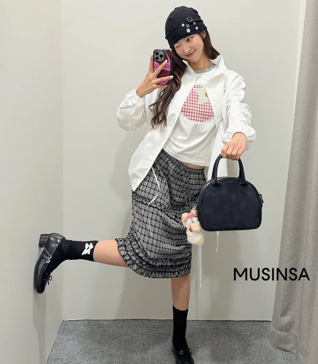 【Fancy Club】SHUSHU FRILL BLACK MIDI SKIRT [Black / White]