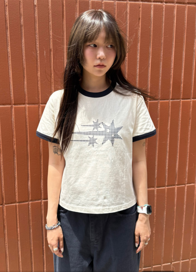 【niceghostclub】  check 3star basic ringer tee [ cream / yellow / charcoal / gray ]