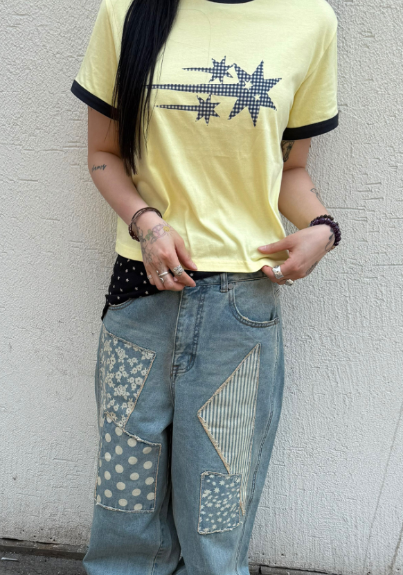 【niceghostclub】  check 3star basic ringer tee [ cream / yellow / charcoal / gray ]